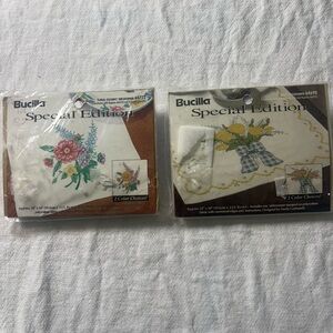 Vintage Bucilla Special Edition stamped needlework table runner kits.